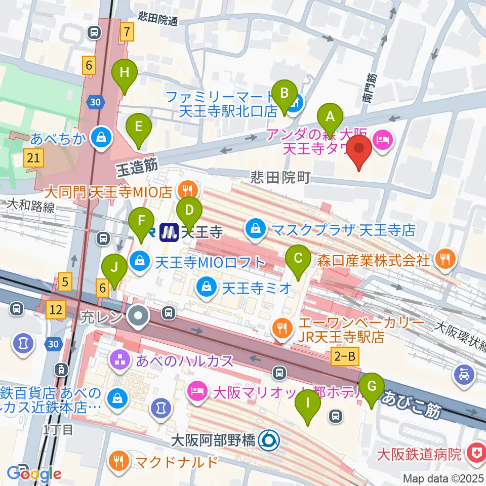 ベースオントップ天王寺店周辺のコンビニエンスストア一覧地図