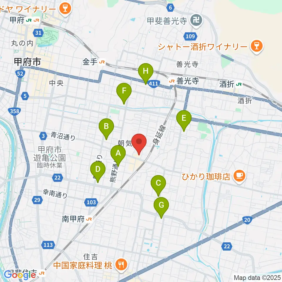 甲府コンビクション周辺のコンビニエンスストア一覧地図