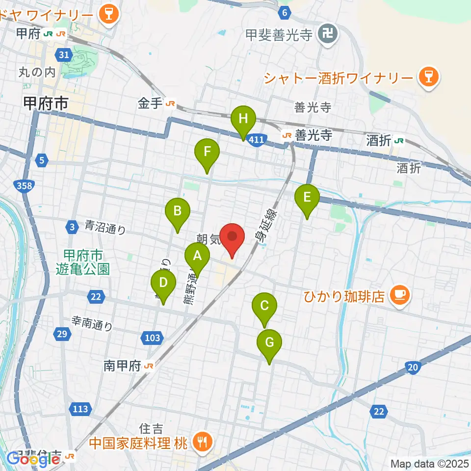 甲府コンビクション周辺のコンビニエンスストア一覧地図