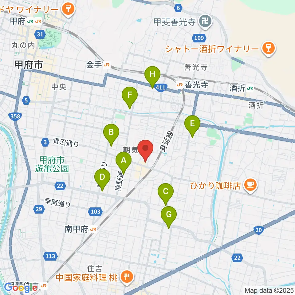 甲府コンビクション周辺のコンビニエンスストア一覧地図
