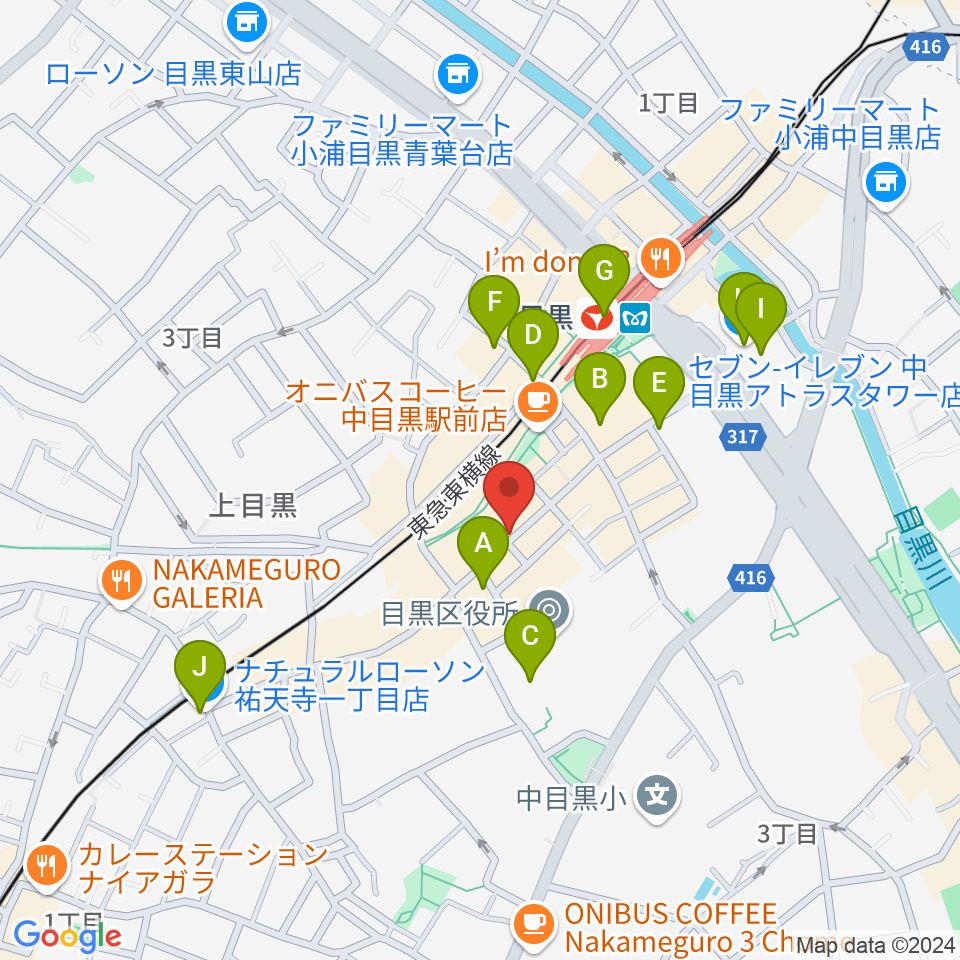 中目黒 楽屋周辺のコンビニエンスストア一覧地図