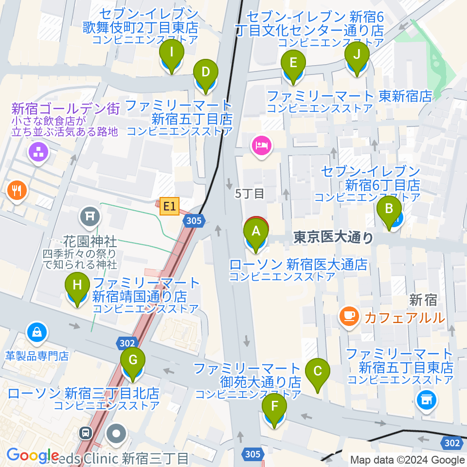 新宿SUNFACE周辺のコンビニエンスストア一覧地図