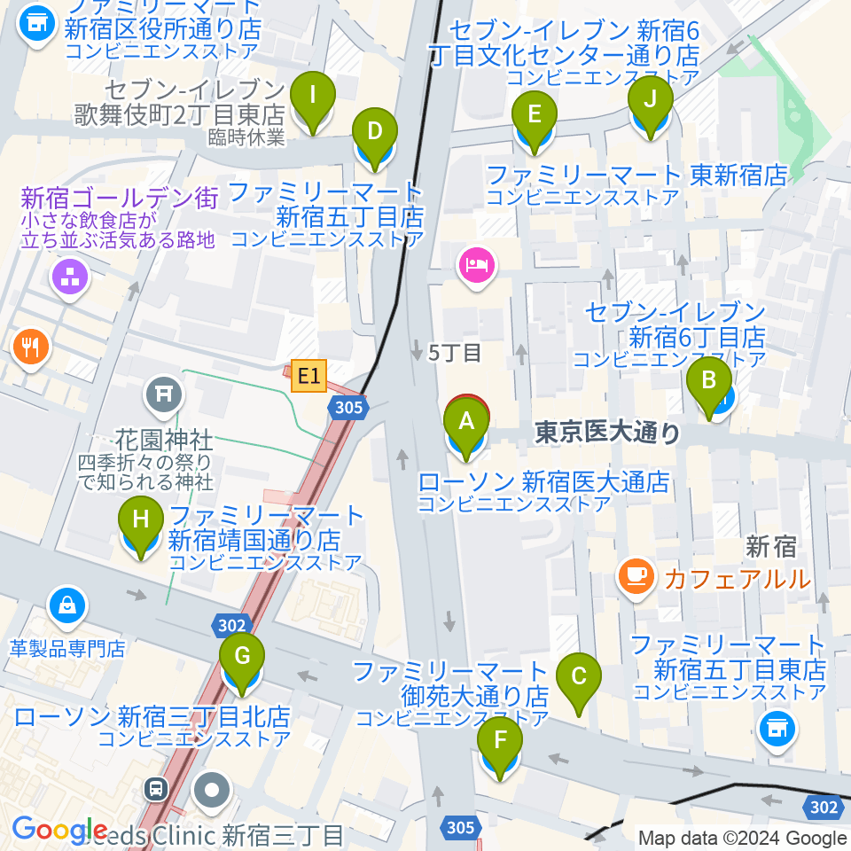 新宿SUNFACE周辺のコンビニエンスストア一覧地図