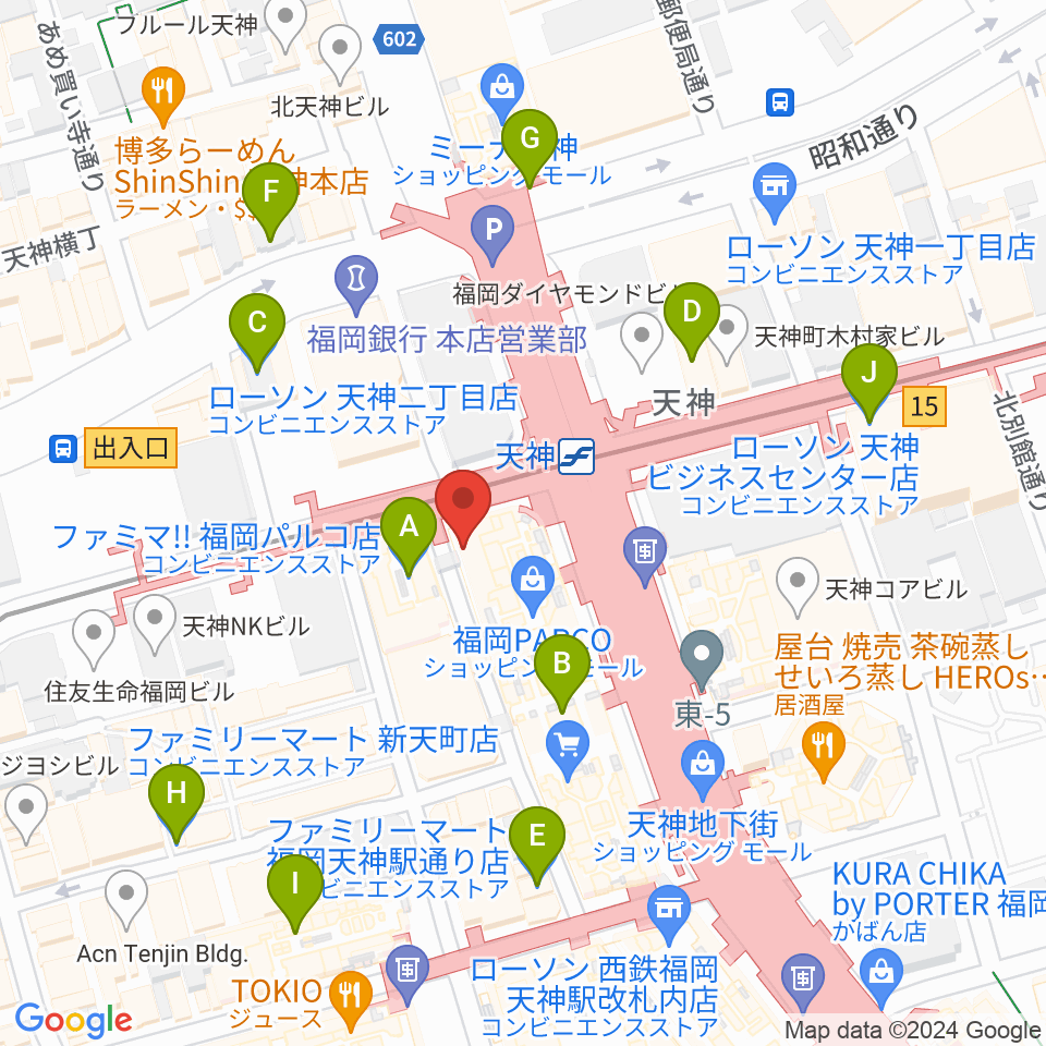 イシバシ楽器 福岡パルコ店周辺のコンビニエンスストア一覧地図