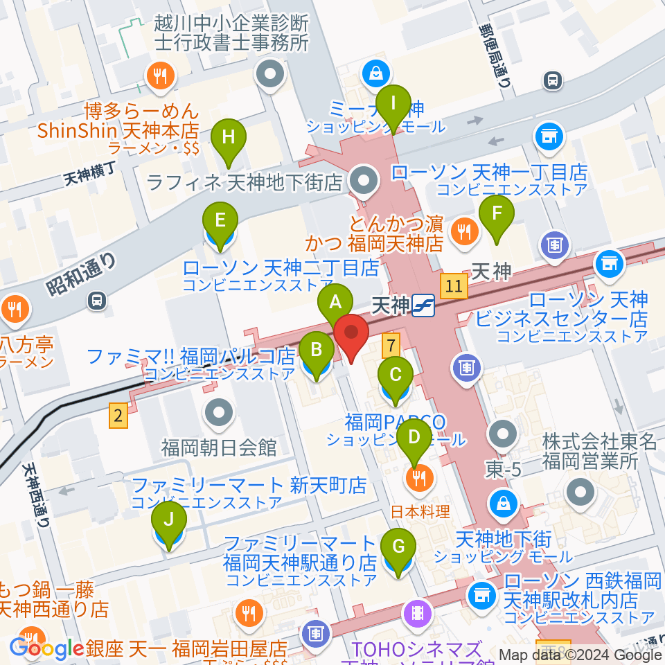 イシバシ楽器 福岡パルコ店周辺のコンビニエンスストア一覧地図