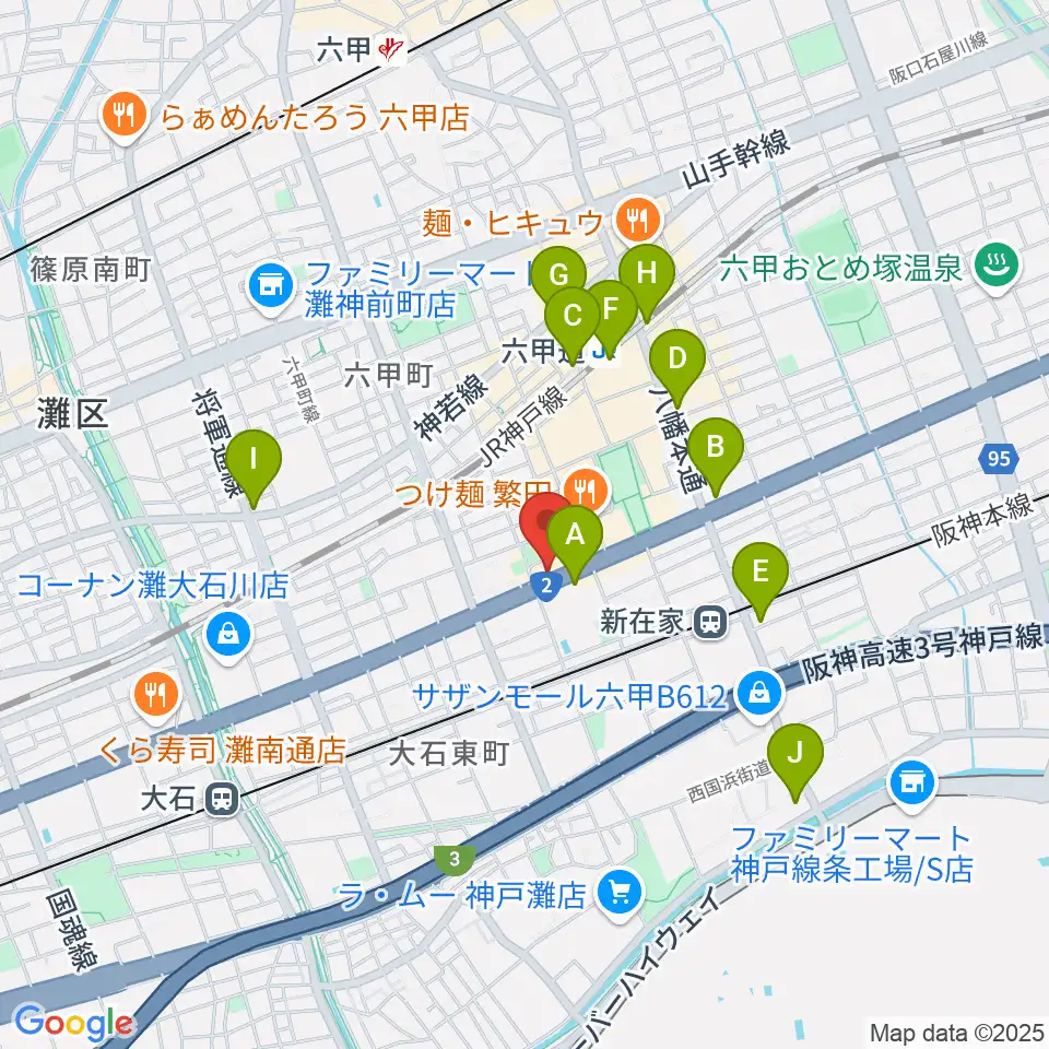 スタジオハイダウェイ六甲道店周辺のコンビニエンスストア一覧地図
