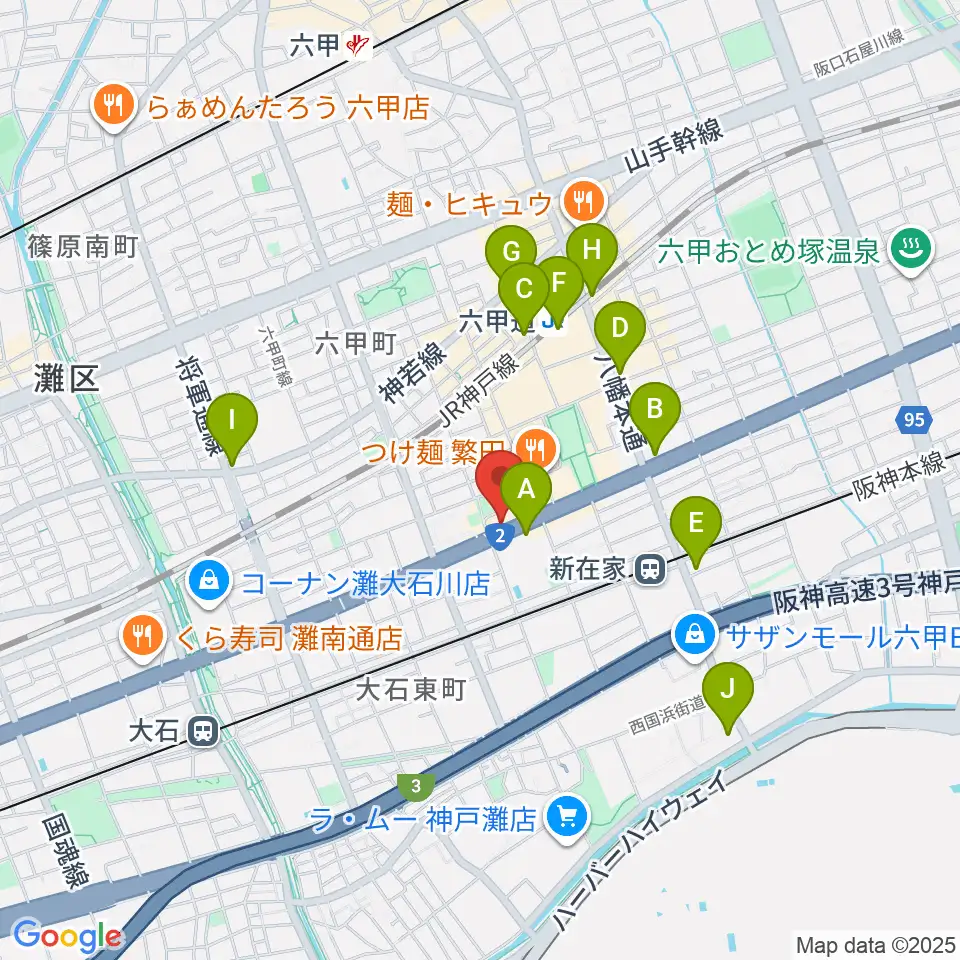 スタジオハイダウェイ六甲道店周辺のコンビニエンスストア一覧地図