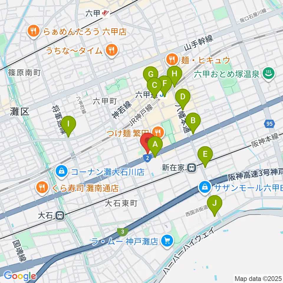 スタジオハイダウェイ六甲道店周辺のコンビニエンスストア一覧地図