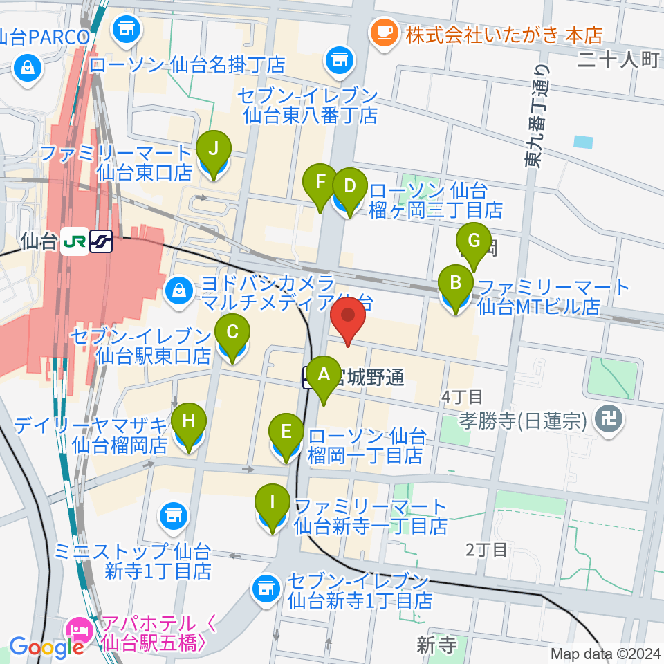 仙台フライングサン周辺のコンビニエンスストア一覧地図