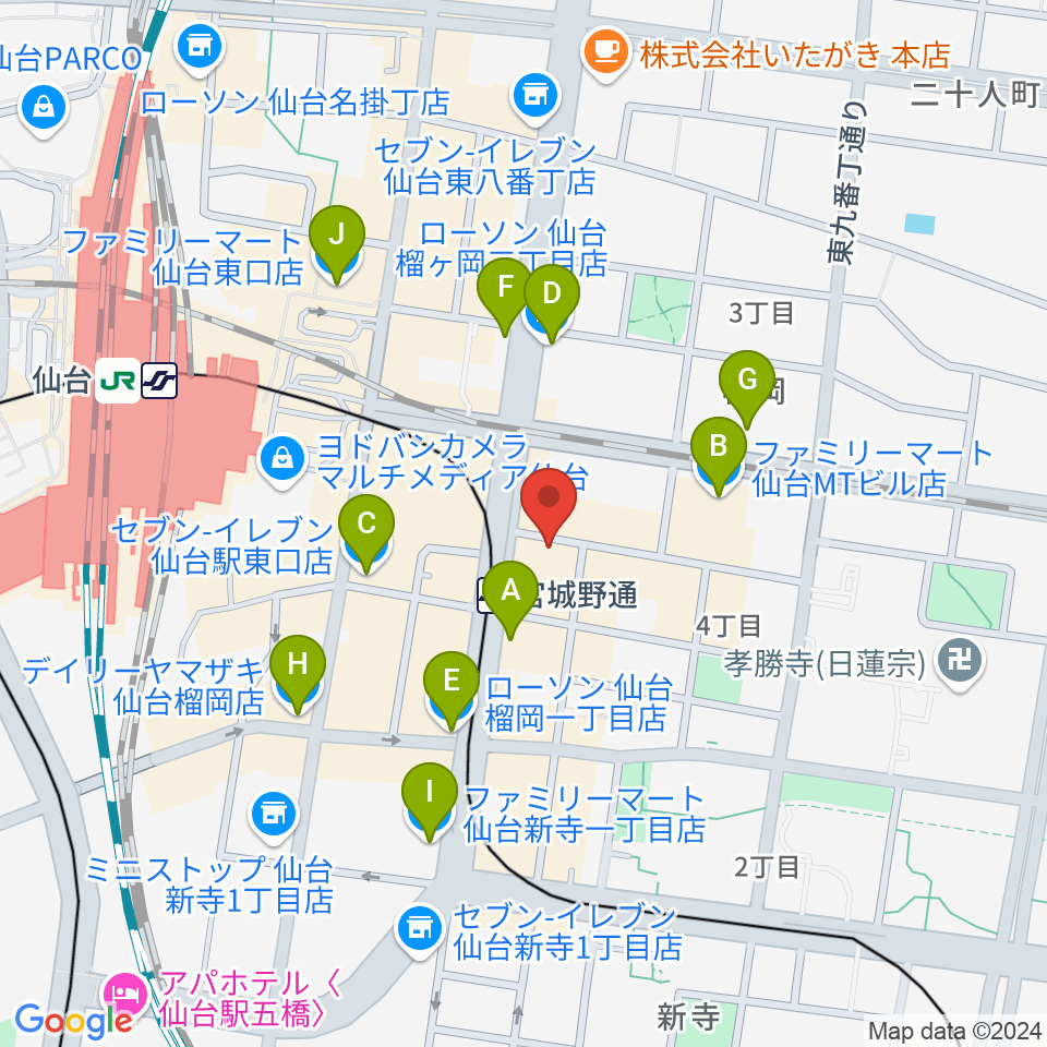 仙台フライングサン周辺のコンビニエンスストア一覧地図