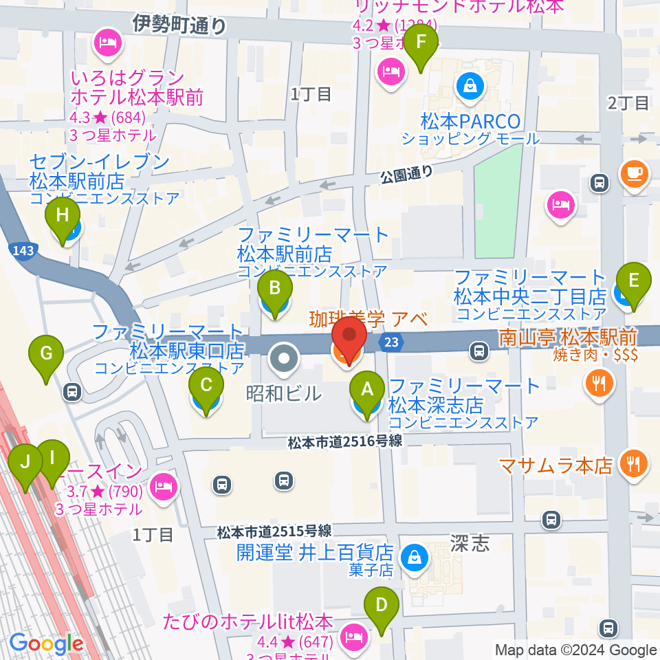 松本ALECX周辺のコンビニエンスストア一覧地図