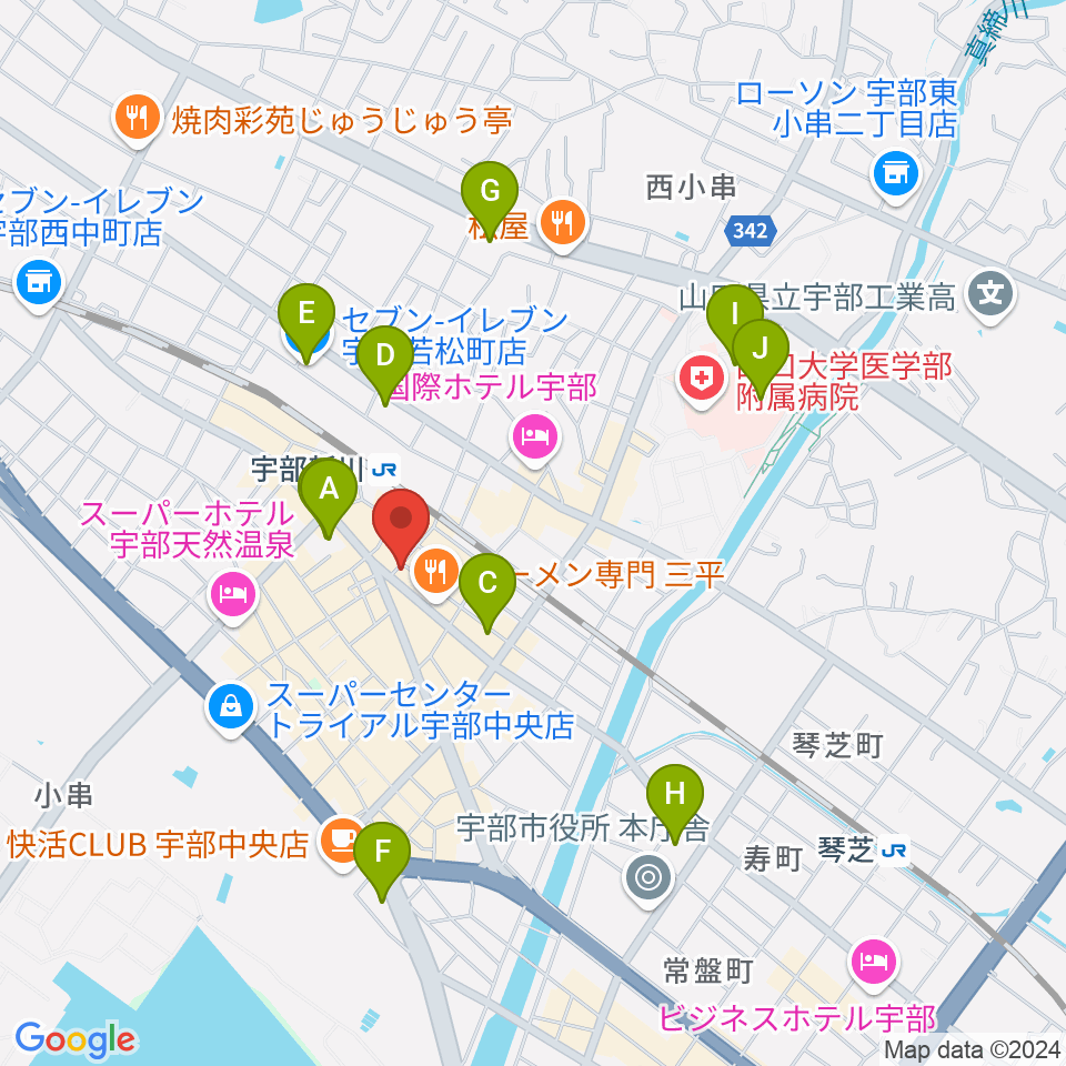 宇部ビッグヒップ周辺のコンビニエンスストア一覧地図