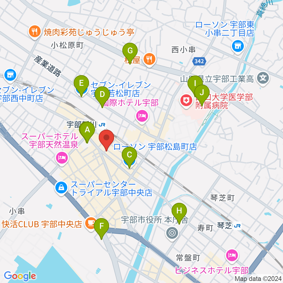 宇部ビッグヒップ周辺のコンビニエンスストア一覧地図