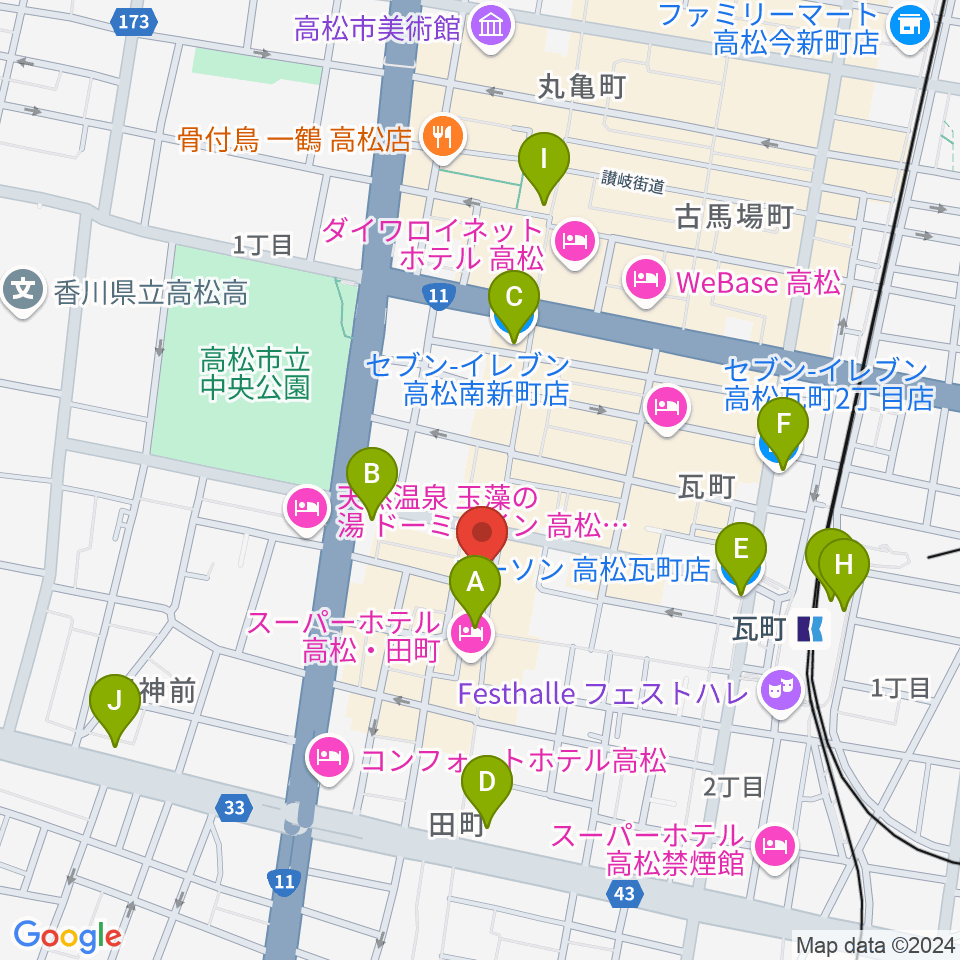 高松オリーブホール周辺のコンビニエンスストア一覧地図