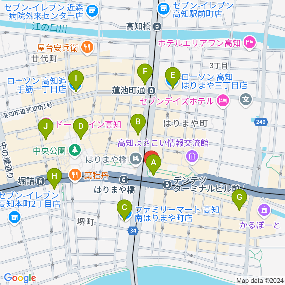 高知クロスポイント周辺のコンビニエンスストア一覧地図