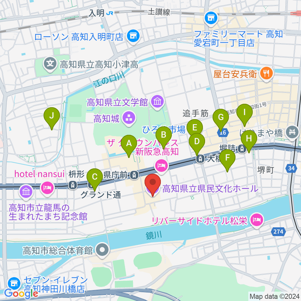 高知県立県民文化ホール周辺のコンビニエンスストア一覧地図