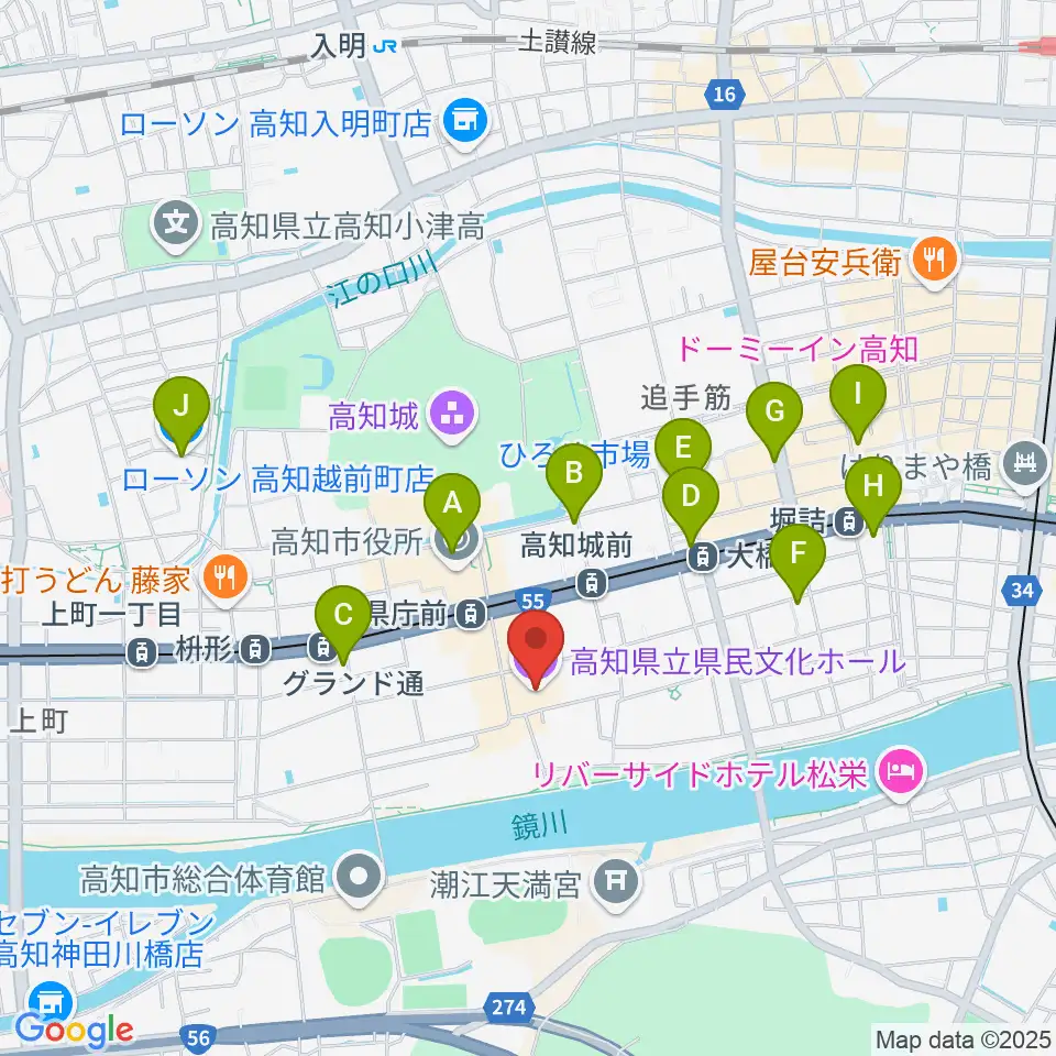 高知県立県民文化ホール周辺のコンビニエンスストア一覧地図