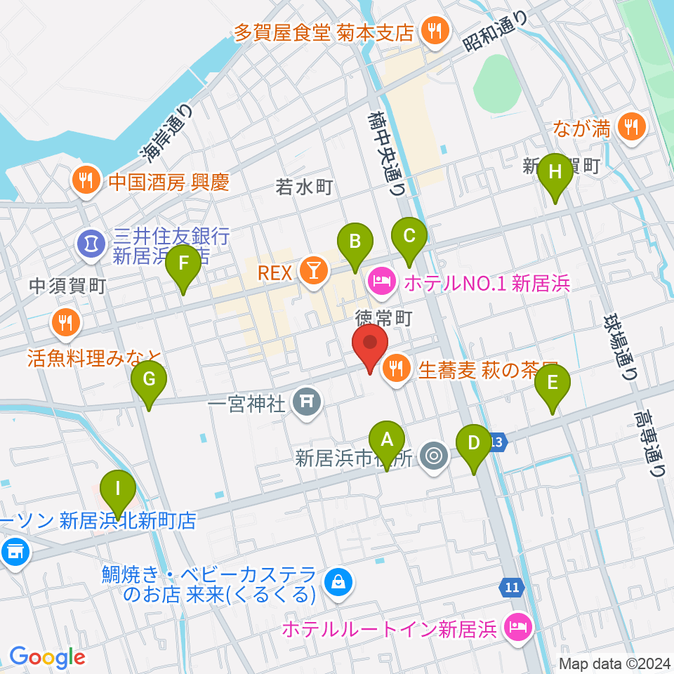 新居浜市市民文化センター周辺のコンビニエンスストア一覧地図