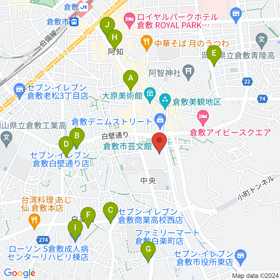 倉敷市芸文館周辺のコンビニエンスストア一覧地図