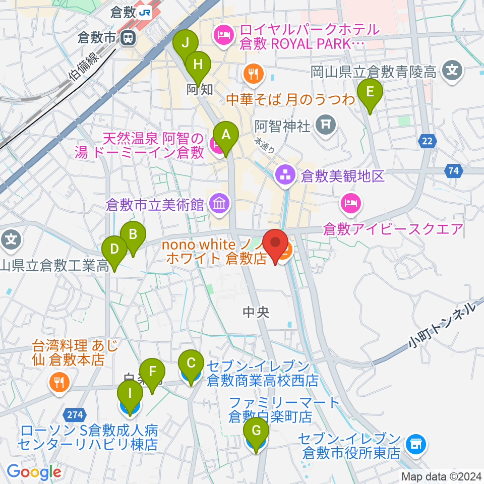 倉敷市芸文館周辺のコンビニエンスストア一覧地図