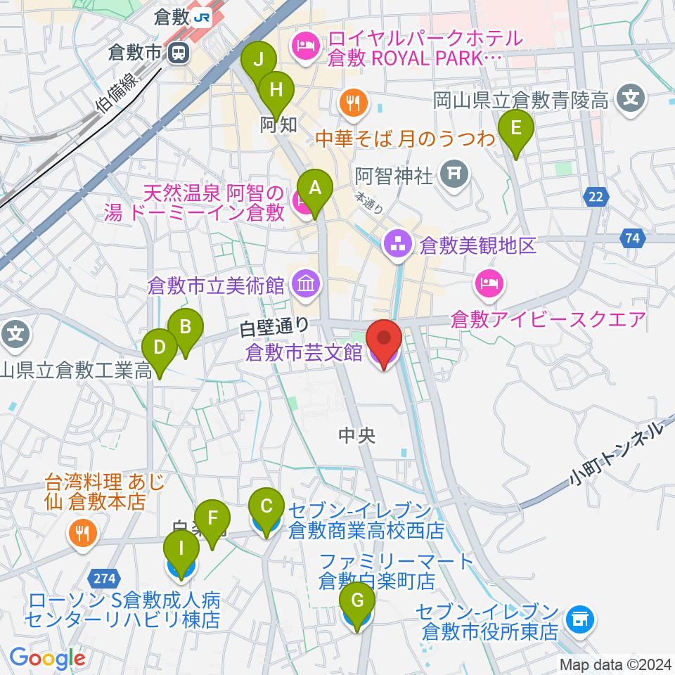 倉敷市芸文館周辺のコンビニエンスストア一覧地図