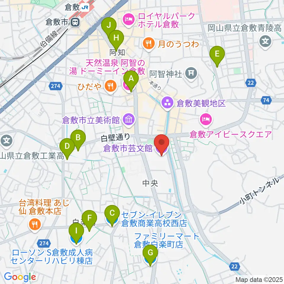 倉敷市芸文館周辺のコンビニエンスストア一覧地図