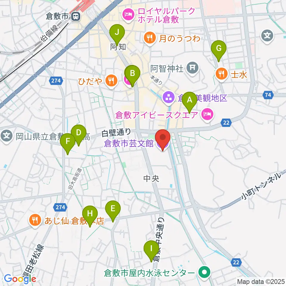 倉敷市芸文館周辺のコンビニエンスストア一覧地図
