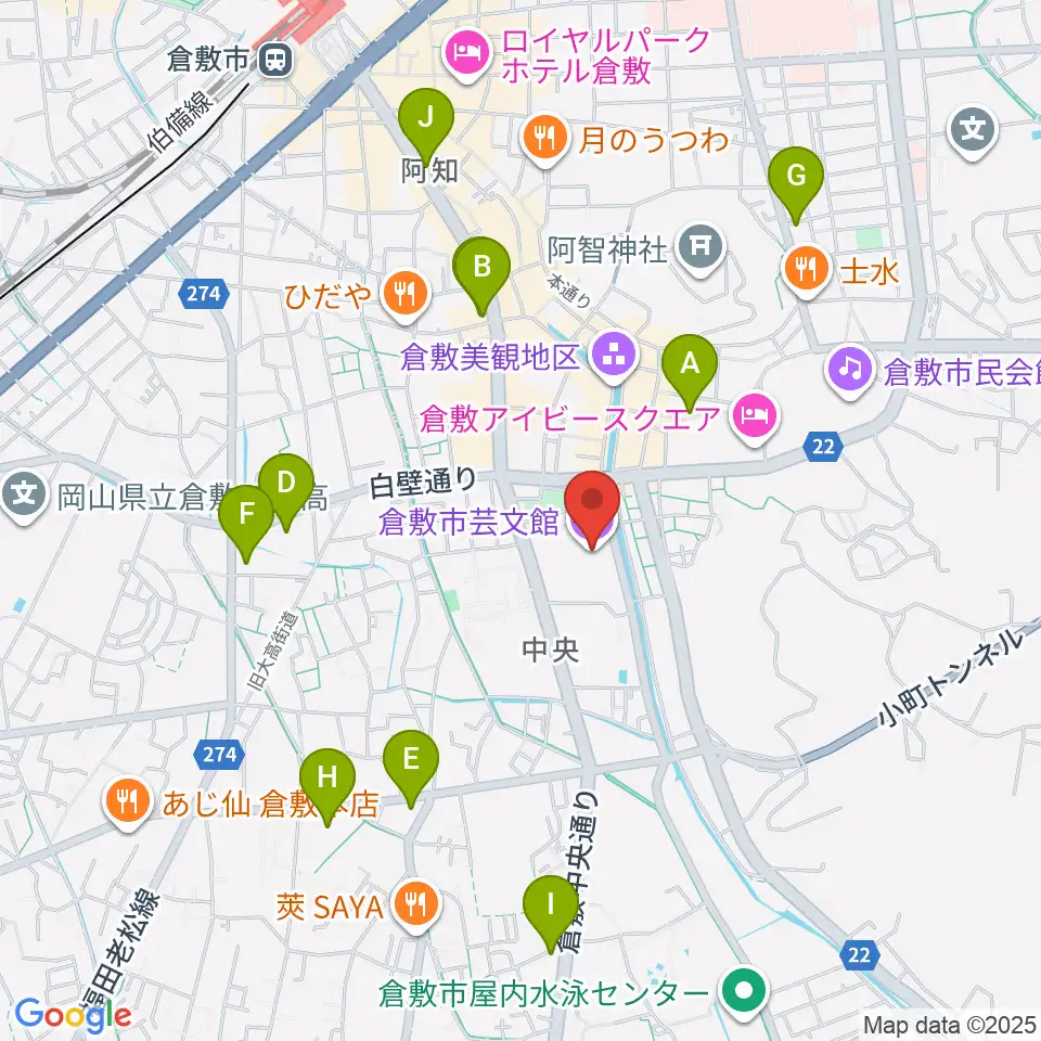 倉敷市芸文館周辺のコンビニエンスストア一覧地図