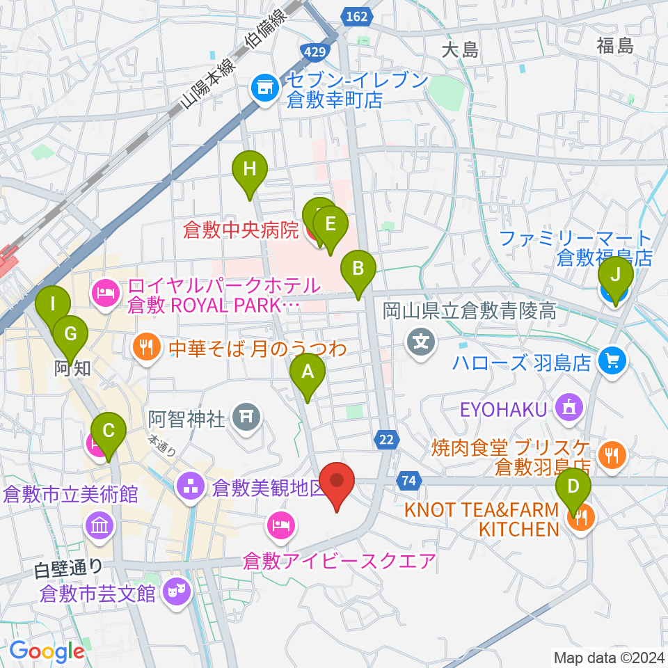 倉敷市民会館周辺のコンビニエンスストア一覧地図