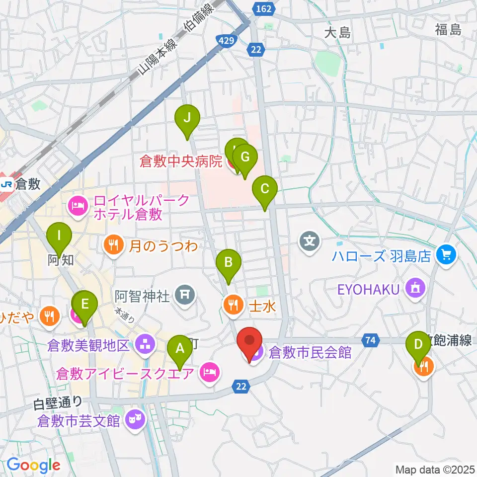 倉敷市民会館周辺のコンビニエンスストア一覧地図