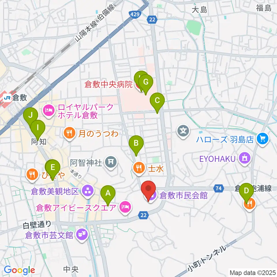 倉敷市民会館周辺のコンビニエンスストア一覧地図