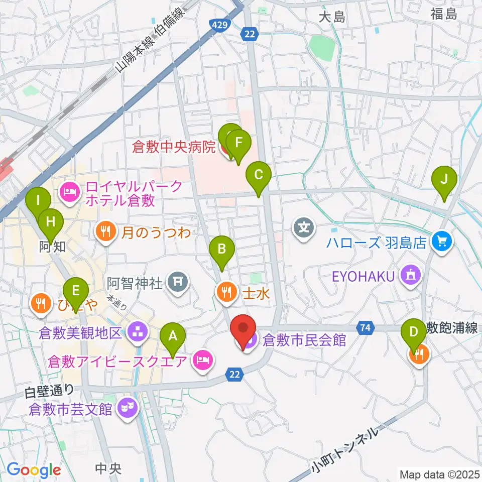倉敷市民会館周辺のコンビニエンスストア一覧地図