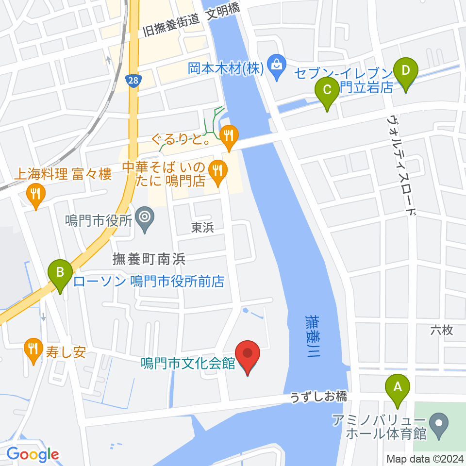 鳴門市文化会館周辺のコンビニエンスストア一覧地図