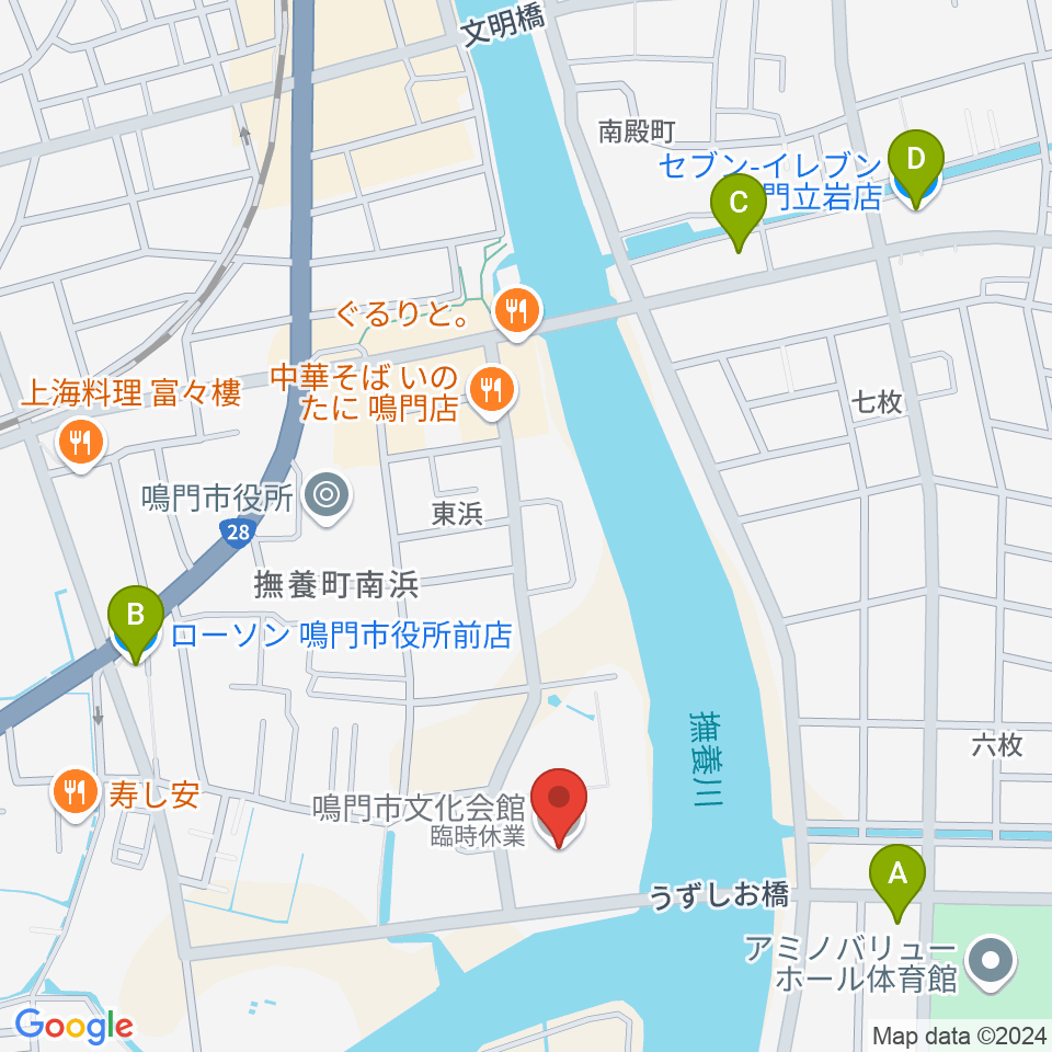 鳴門市文化会館周辺のコンビニエンスストア一覧地図