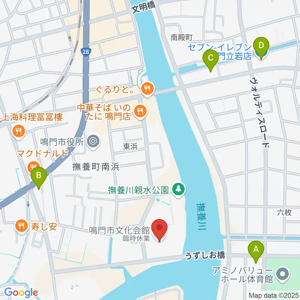 鳴門市文化会館周辺のコンビニエンスストア一覧地図