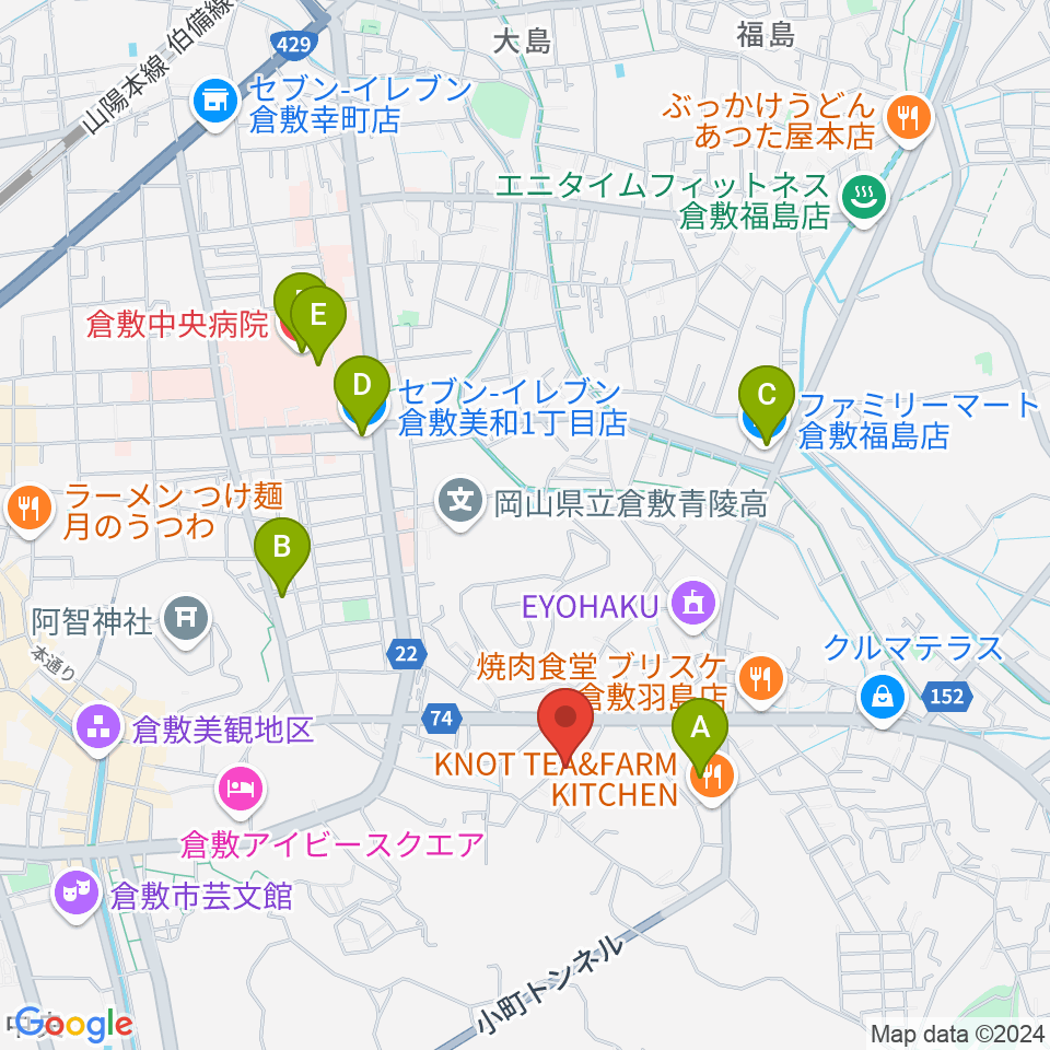 倉敷音楽舘周辺のコンビニエンスストア一覧地図