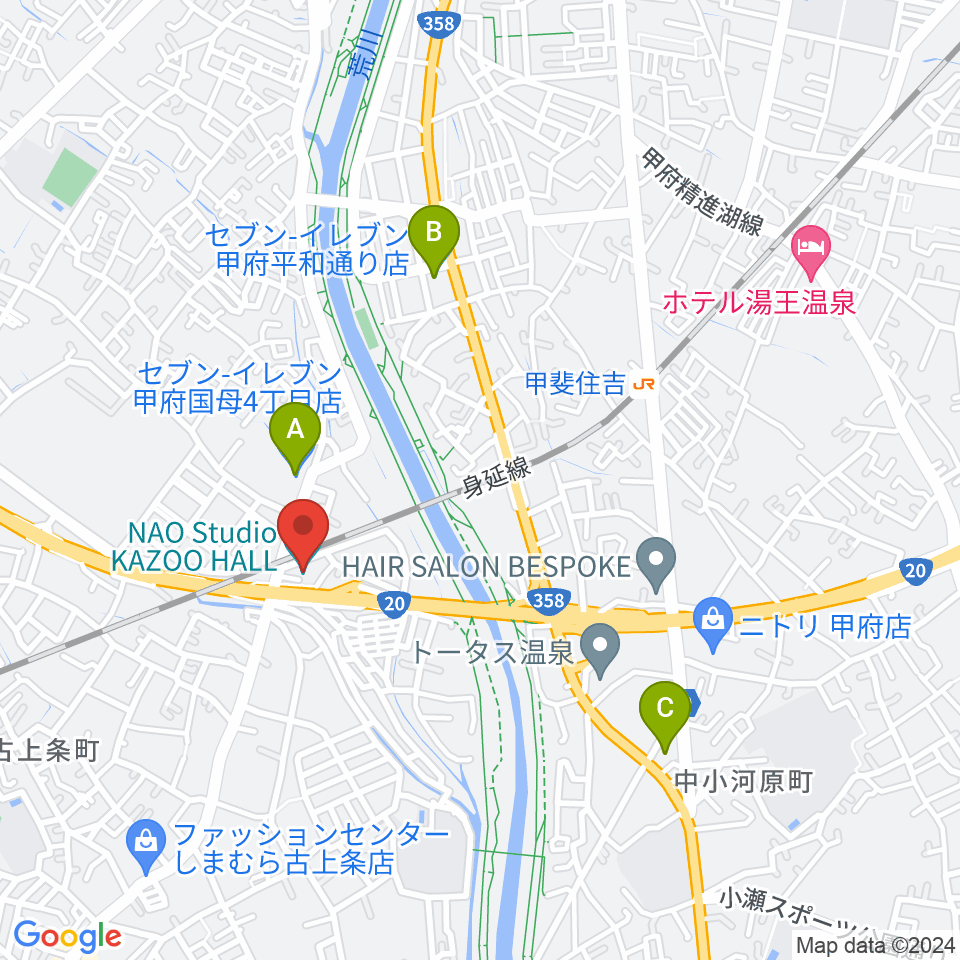 甲府カズーホール周辺のコンビニエンスストア一覧地図