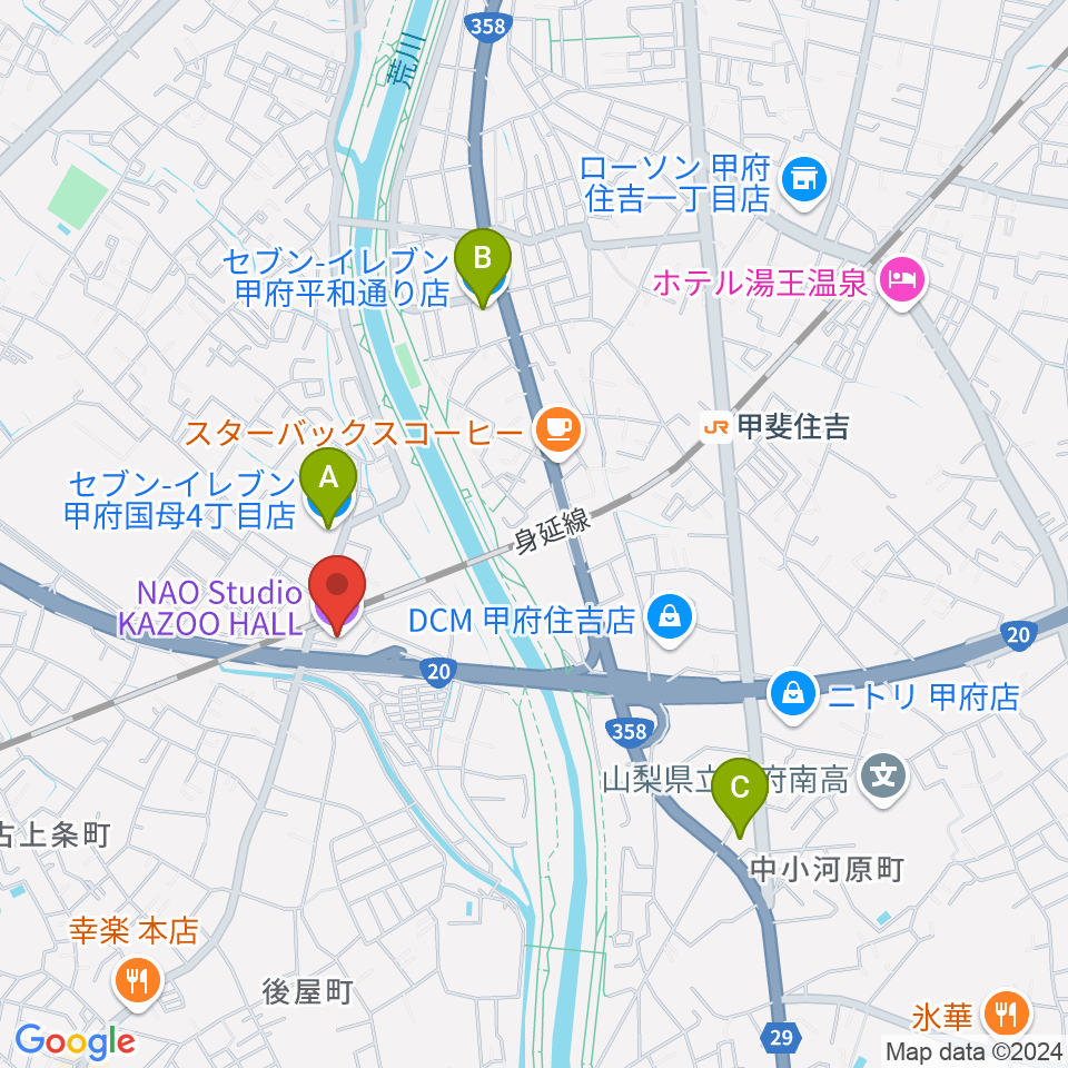 甲府カズーホール周辺のコンビニエンスストア一覧地図