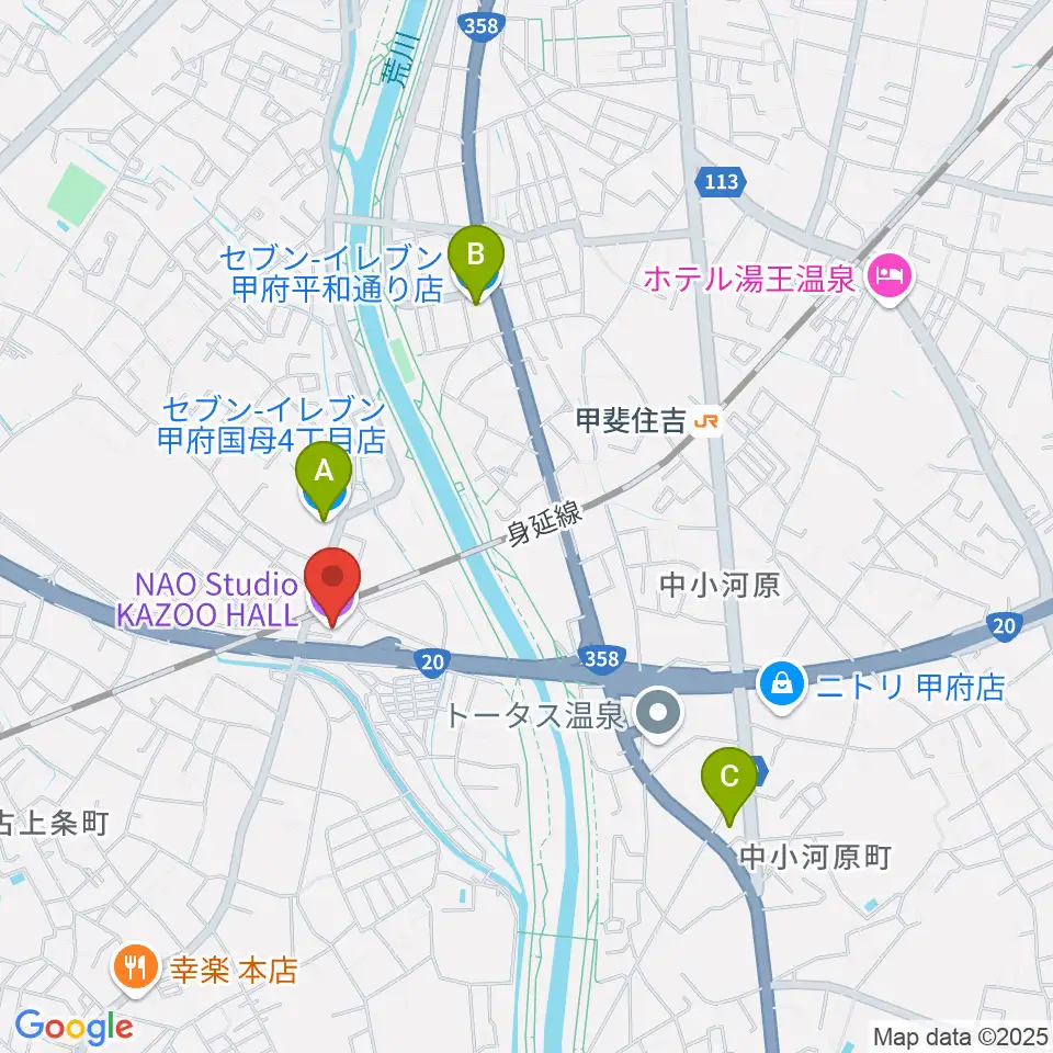 甲府カズーホール周辺のコンビニエンスストア一覧地図