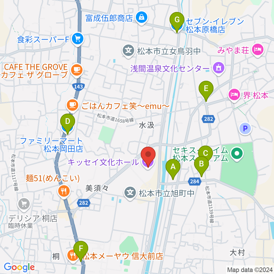 キッセイ文化ホール（長野県松本文化会館）周辺のコンビニエンスストア一覧地図