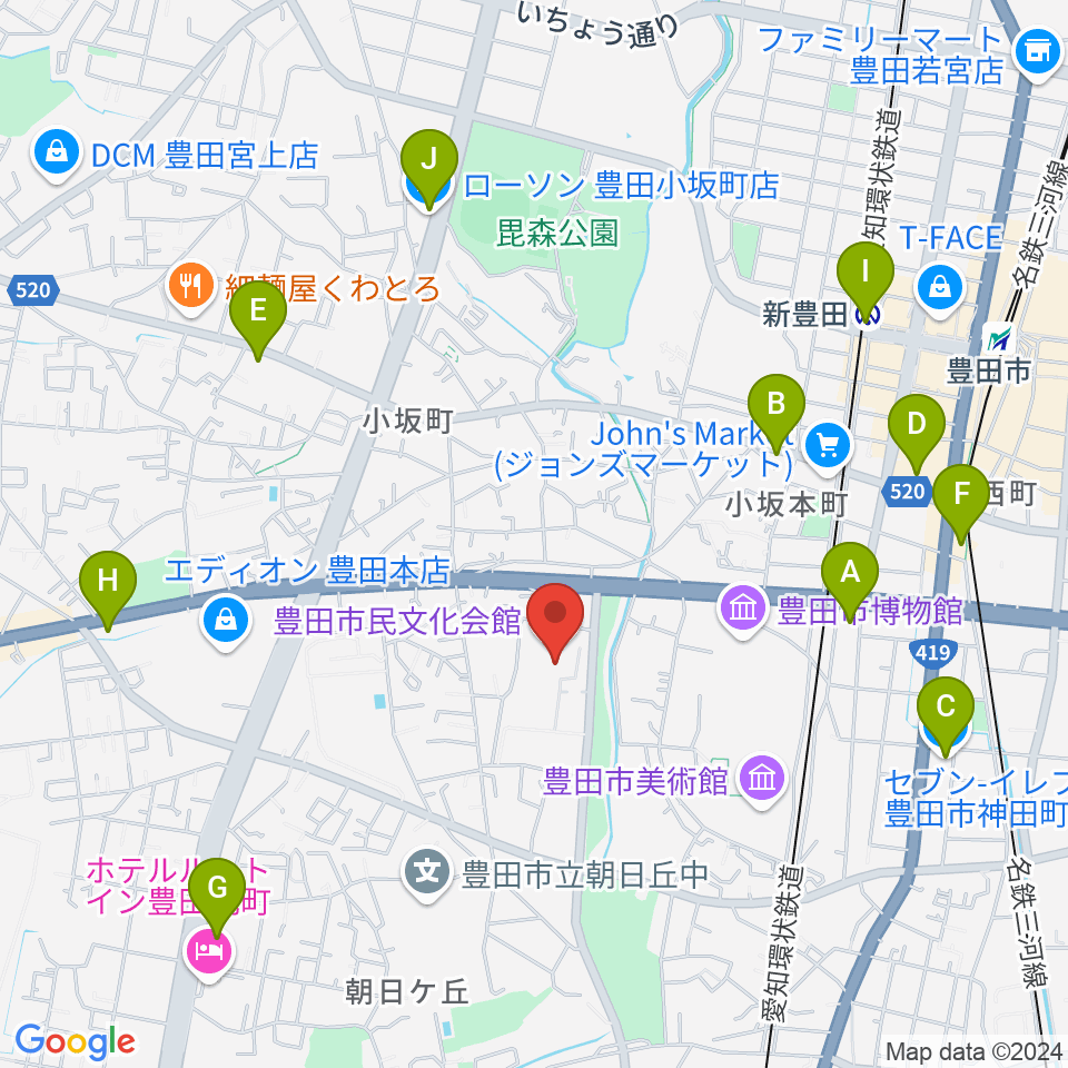 豊田市民文化会館周辺のコンビニエンスストア一覧地図