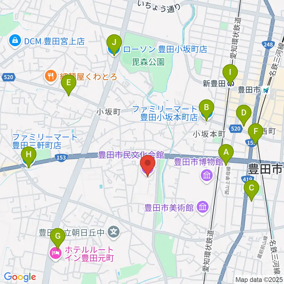 豊田市民文化会館周辺のコンビニエンスストア一覧地図