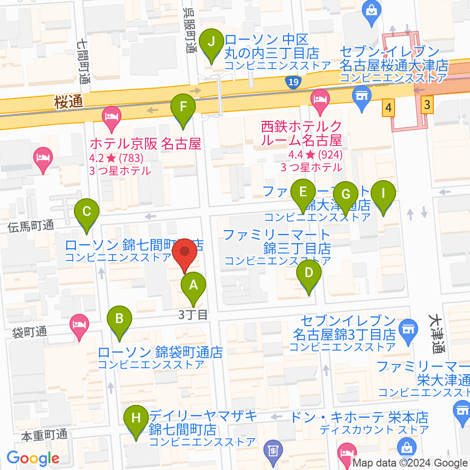 名古屋栄マイルス周辺のコンビニエンスストア一覧地図