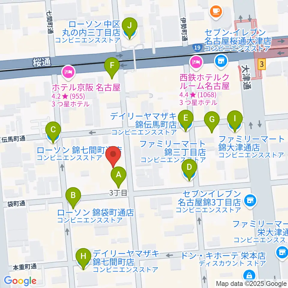 名古屋栄マイルス周辺のコンビニエンスストア一覧地図