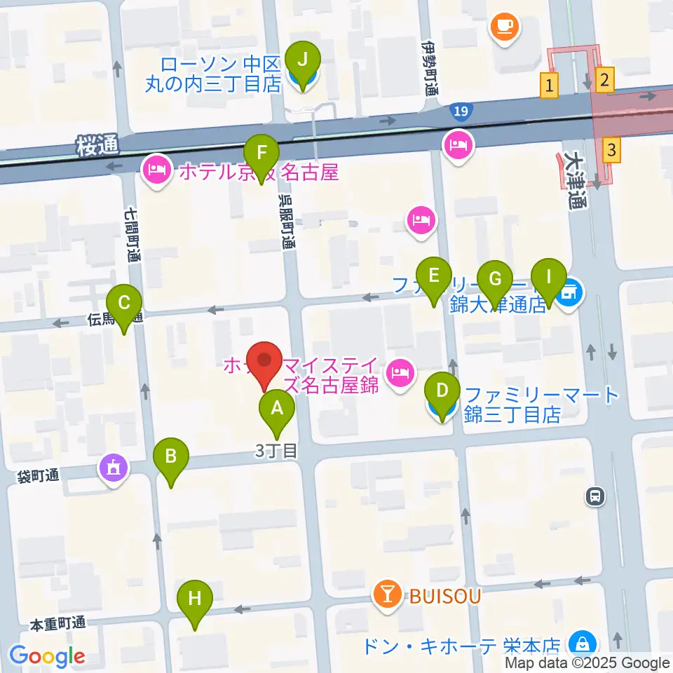 名古屋栄マイルス周辺のコンビニエンスストア一覧地図