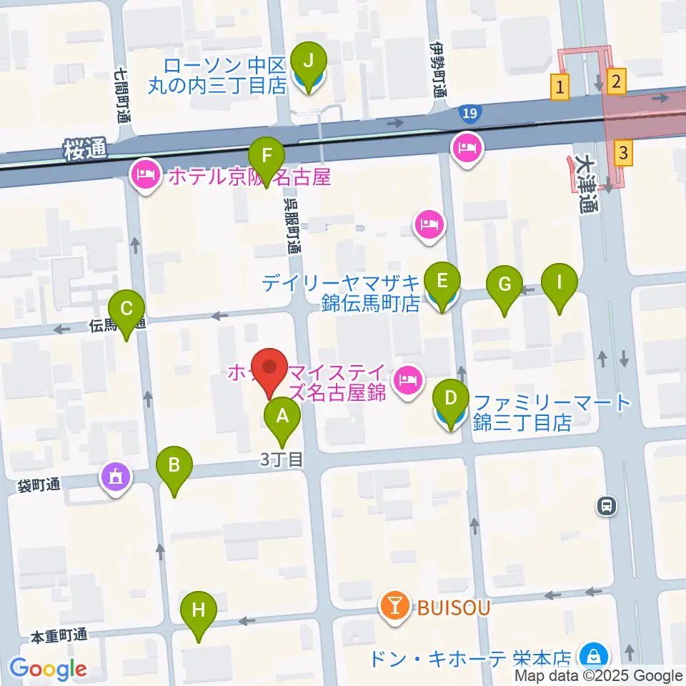 名古屋栄マイルス周辺のコンビニエンスストア一覧地図