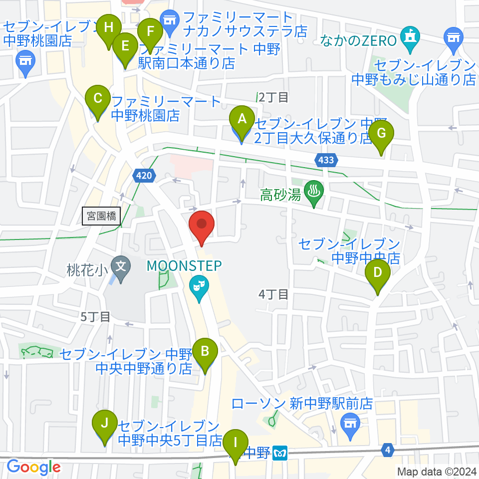 中野Vスタジオ周辺のコンビニエンスストア一覧地図