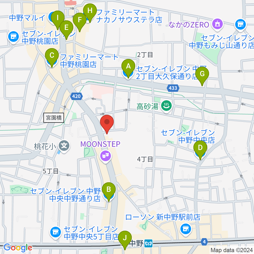 中野Vスタジオ周辺のコンビニエンスストア一覧地図