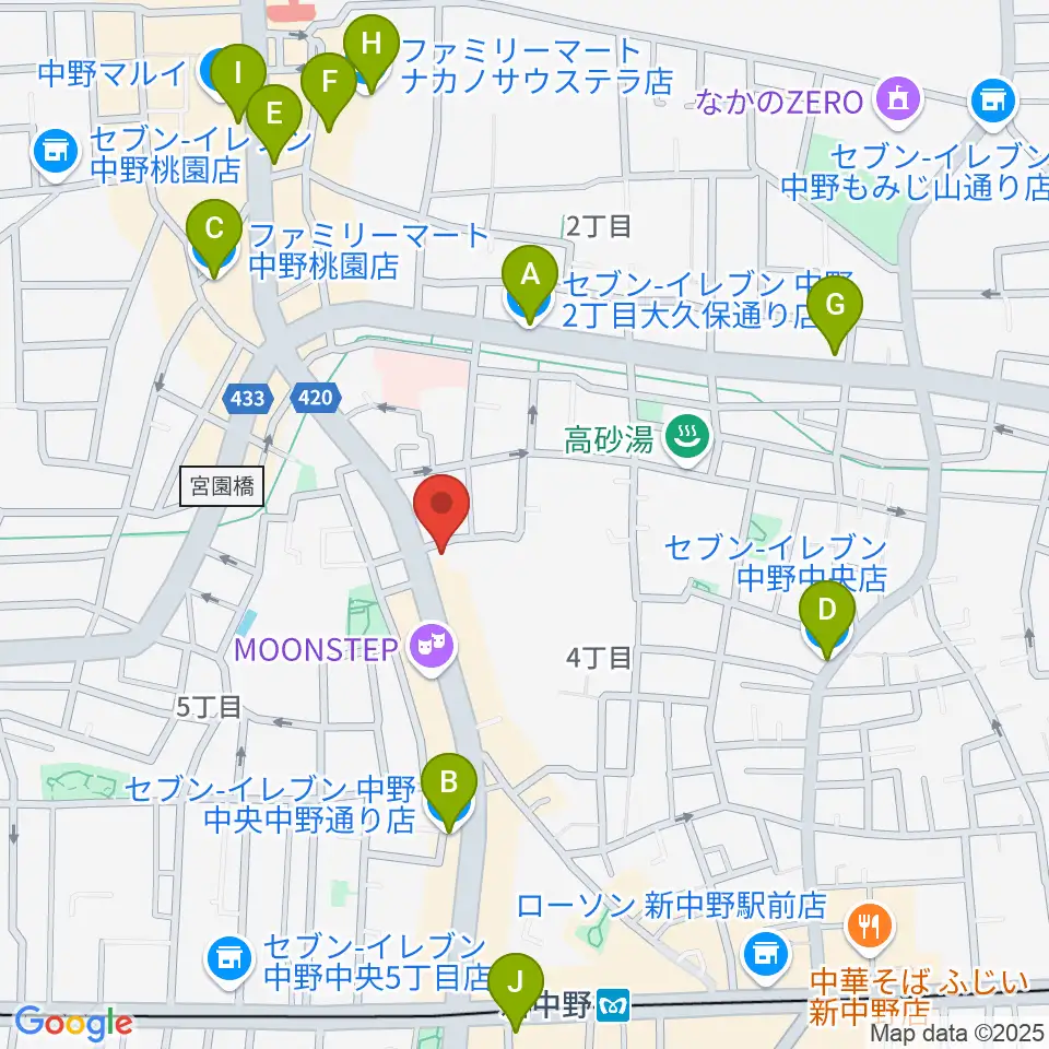 中野Vスタジオ周辺のコンビニエンスストア一覧地図