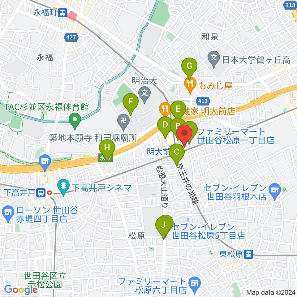 ガードアイランドスタジオ明大前店周辺のコンビニエンスストア一覧地図